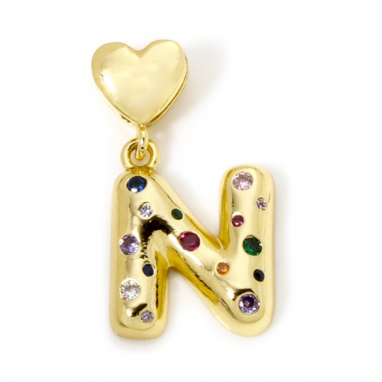 Imagen de 1 Unidad Respetuoso del Medio Ambiente Latón Colgantes Letra Mayúscula 18K Oro Real Chapado Corazón Mensaje " N " Multicolor Circón Artificial 3.1cm x 1.7cm