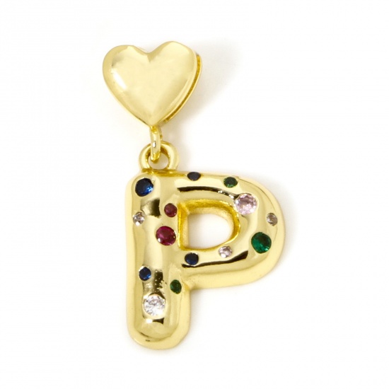 Imagen de 1 Unidad Respetuoso del Medio Ambiente Latón Colgantes Letra Mayúscula 18K Oro Real Chapado Corazón Mensaje " P " Multicolor Circón Artificial 3.2cm x 1.6cm