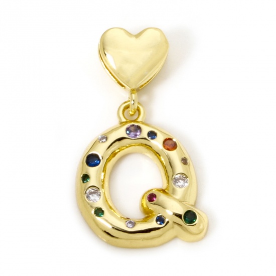 Imagen de 1 Unidad Respetuoso del Medio Ambiente Latón Colgantes Letra Mayúscula 18K Oro Real Chapado Corazón Mensaje " Q " Multicolor Circón Artificial 3.1cm x 1.8cm