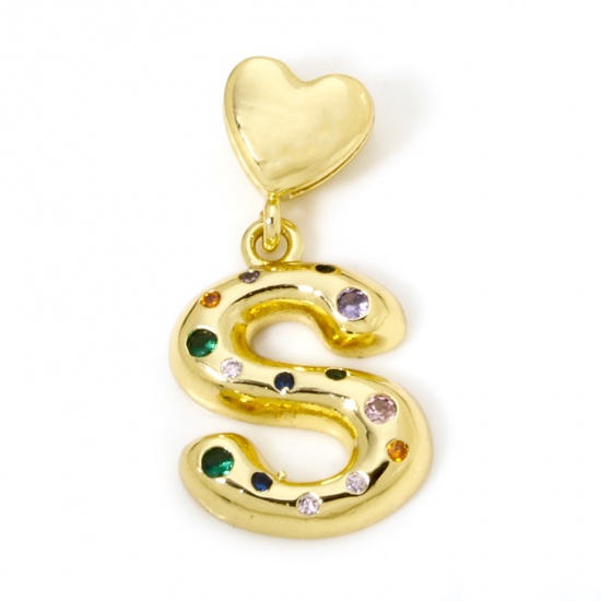 Imagen de 1 Unidad Respetuoso del Medio Ambiente Latón Colgantes Letra Mayúscula 18K Oro Real Chapado Corazón Mensaje " S " Multicolor Circón Artificial 3.2cm x 1.6cm