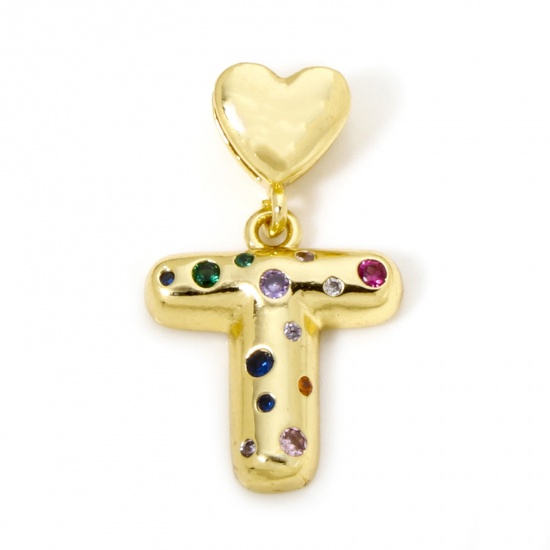 Imagen de 1 Unidad Respetuoso del Medio Ambiente Latón Colgantes Letra Mayúscula 18K Oro Real Chapado Corazón Mensaje " T " Multicolor Circón Artificial 3.1cm x 1.8cm