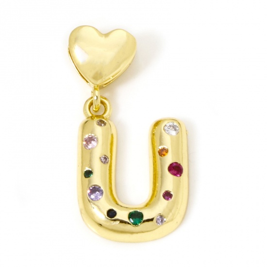 Imagen de 1 Unidad Respetuoso del Medio Ambiente Latón Colgantes Letra Mayúscula 18K Oro Real Chapado Corazón Mensaje " U " Multicolor Circón Artificial 3.1cm x 1.6cm