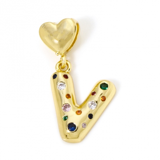 Imagen de 1 Unidad Respetuoso del Medio Ambiente Latón Colgantes Letra Mayúscula 18K Oro Real Chapado Corazón Mensaje " V " Multicolor Circón Artificial 3.1cm x 1.7cm