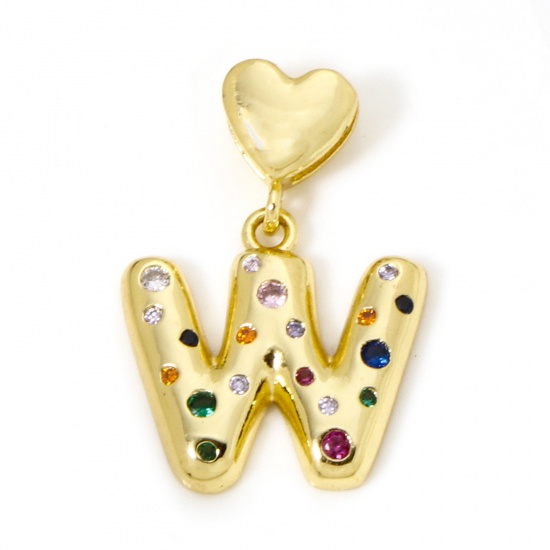Imagen de 1 Unidad Respetuoso del Medio Ambiente Latón Colgantes Letra Mayúscula 18K Oro Real Chapado Corazón Mensaje " W " Multicolor Circón Artificial 3.1cm x 2.2cm
