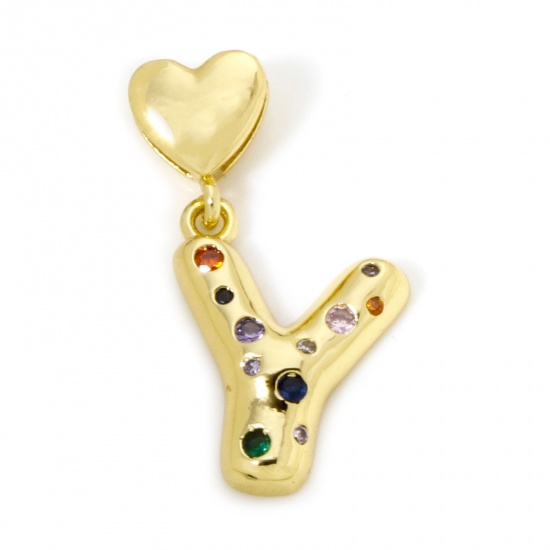 Imagen de 1 Unidad Respetuoso del Medio Ambiente Latón Colgantes Letra Mayúscula 18K Oro Real Chapado Corazón Mensaje " Y " Multicolor Circón Artificial 3.2cm x 1.7cm