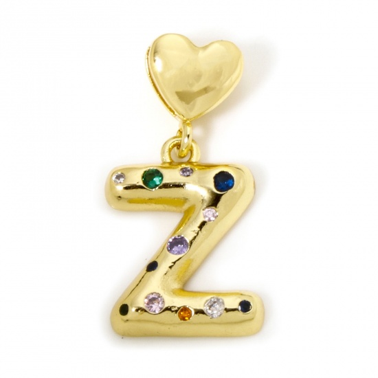 Imagen de 1 Unidad Respetuoso del Medio Ambiente Latón Colgantes Letra Mayúscula 18K Oro Real Chapado Corazón Mensaje " Z " Multicolor Circón Artificial 3.2cm x 1.6cm