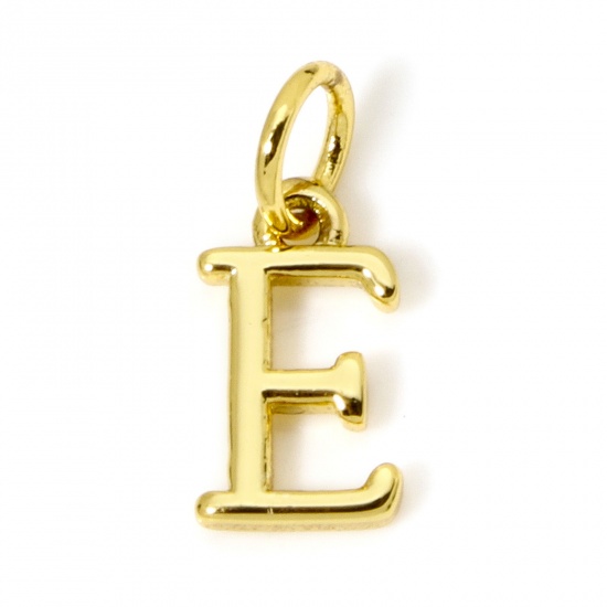Picture of 5 PCs Eco-friendly Brass Charms 18K Real Gold Plated Capital Alphabet Initial Letter Message " E " 13mm x 6mm