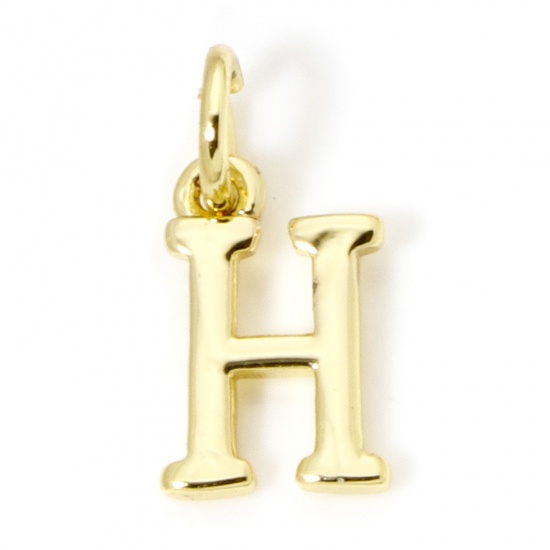 Picture of 5 PCs Eco-friendly Brass Charms 18K Real Gold Plated Capital Alphabet Initial Letter Message " H " 14mm x 7mm