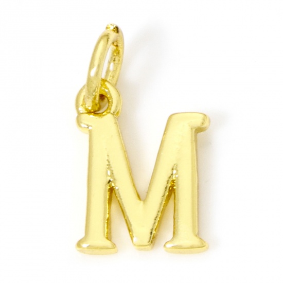 Picture of 5 PCs Eco-friendly Brass Charms 18K Real Gold Plated Capital Alphabet Initial Letter Message " M " 13mm x 8mm