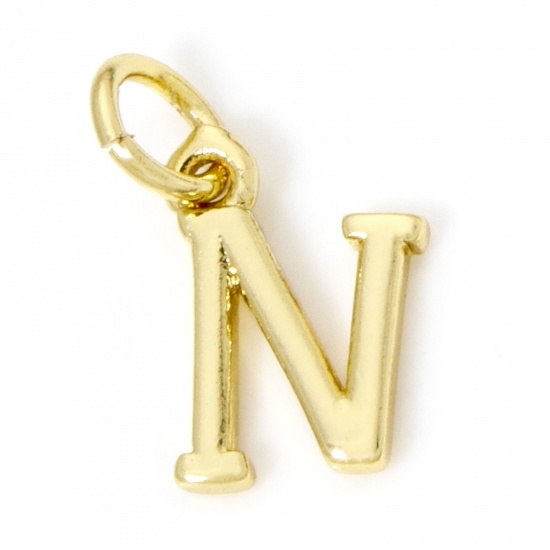 Picture of 5 PCs Eco-friendly Brass Charms 18K Real Gold Plated Capital Alphabet Initial Letter Message " N " 13mm x 7mm