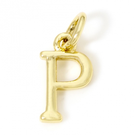 Picture of 5 PCs Eco-friendly Brass Charms 18K Real Gold Plated Capital Alphabet Initial Letter Message " P " 14mm x 6mm