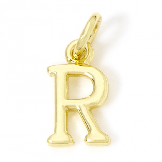 Picture of 5 PCs Eco-friendly Brass Charms 18K Real Gold Plated Capital Alphabet Initial Letter Message " R " 14mm x 6mm