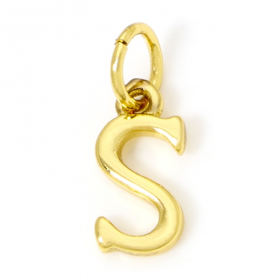Picture of 5 PCs Eco-friendly Brass Charms 18K Real Gold Plated Capital Alphabet Initial Letter Message " S " 13.5mm x 5mm