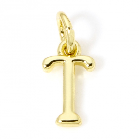Picture of 5 PCs Eco-friendly Brass Charms 18K Real Gold Plated Capital Alphabet Initial Letter Message " T " 13.5mm x 6mm