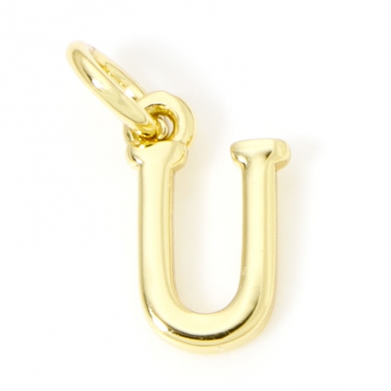 Picture of 5 PCs Eco-friendly Brass Charms 18K Real Gold Plated Capital Alphabet Initial Letter Message " U " 13mm x 6mm