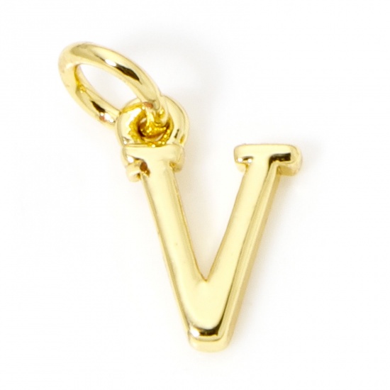 Picture of 5 PCs Eco-friendly Brass Charms 18K Real Gold Plated Capital Alphabet Initial Letter Message " V " 13mm x 7mm