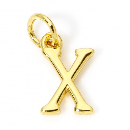 Picture of 5 PCs Eco-friendly Brass Charms 18K Real Gold Plated Capital Alphabet Initial Letter Message " X " 13mm x 7mm
