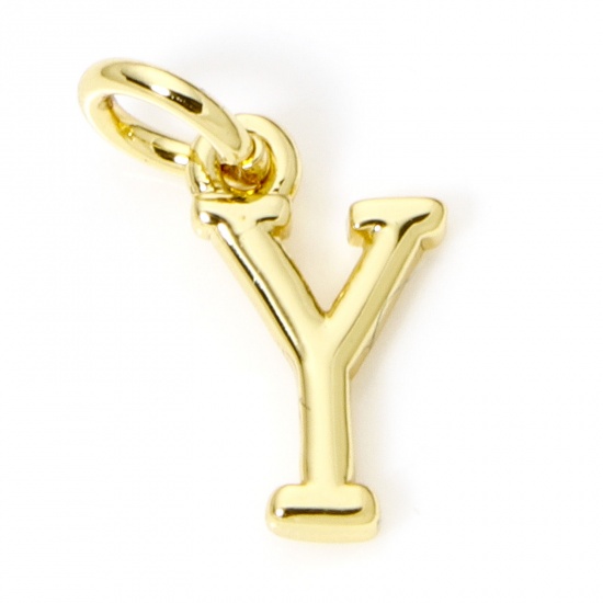 Picture of 5 PCs Eco-friendly Brass Charms 18K Real Gold Plated Capital Alphabet Initial Letter Message " Y " 14mm x 6.5mm