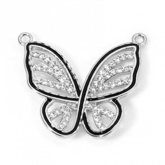 Picture of 1 Piece Brass Connectors Charms Pendants Butterfly Animal Platinum Plated Black Micro Pave Clear Cubic Zirconia 23mm x 21mm