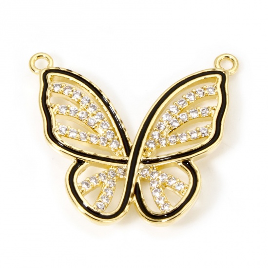 Picture of 1 Piece Brass Connectors Charms Pendants Butterfly Animal 18K Gold Plated Black Micro Pave Clear Cubic Zirconia 23mm x 21mm