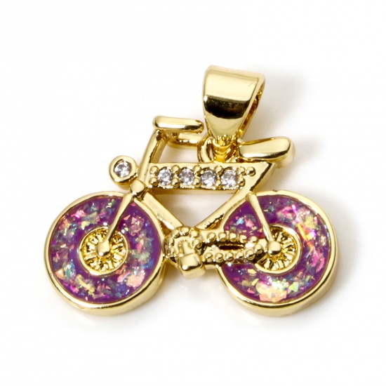 Picture of 1 Piece Brass Transport Charm Pendant 18K Gold Plated Purple Bicycle Imitation Opal 19mm x 17mm
