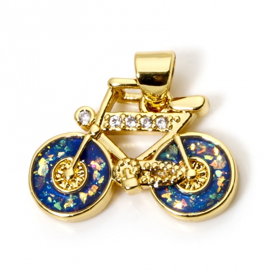 Picture of 1 Piece Brass Transport Charm Pendant 18K Gold Plated Dark Blue Bicycle Imitation Opal 19mm x 17mm