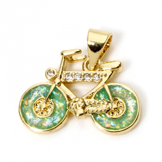 Picture of 1 Piece Brass Transport Charm Pendant 18K Gold Plated Green Bicycle Imitation Opal 19mm x 17mm