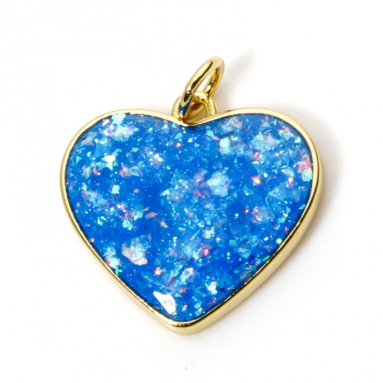 Immagine di 1 Pz Ottone San Valentino Ciondoli Cuore Placcato Oro 18K Blu Opale Imitazione 20mm x 18mm