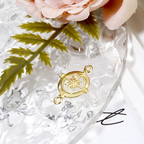 Image de 2 Pcs Connecteurs Pendentifs Breloques Voyage en Laiton Boussole Plaqué Or 18K Creux 23mm x 16mm