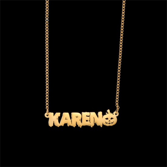 Picture of 1 Piece 304 Stainless Steel Halloween Customized Name Necklace Personalized Letter Charm Pendant Pumpkin Gold Plated 45cm(17.7") long