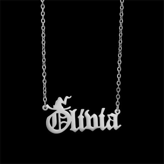 Picture of 1 Piece 304 Stainless Steel Halloween Customized Name Necklace Personalized Letter Charm Pendant Halloween Witch Silver Tone 45cm(17.7") long