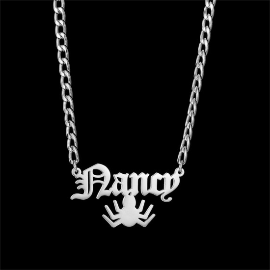 Picture of 1 Piece 304 Stainless Steel Halloween Customized Name Necklace Personalized Letter Charm Pendant Halloween Spider Animal Silver Tone 45cm(17.7") long