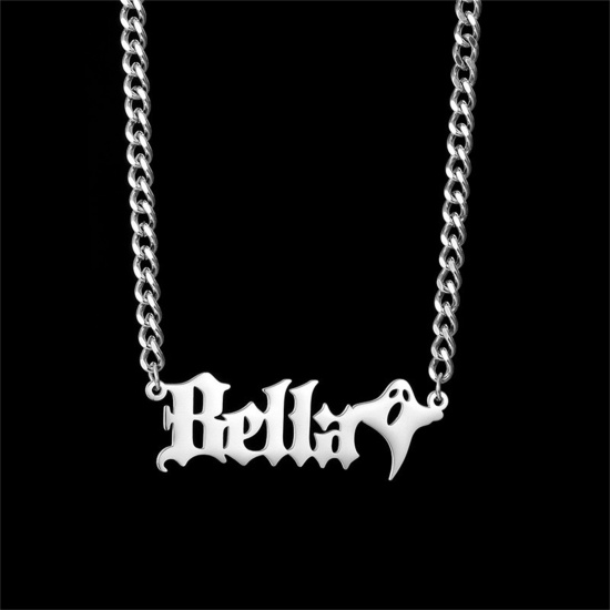 Picture of 1 Piece 304 Stainless Steel Halloween Customized Name Necklace Personalized Letter Charm Pendant Halloween Ghost Silver Tone 45cm(17.7") long