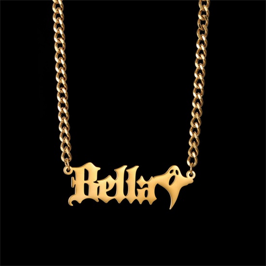 Picture of 1 Piece 304 Stainless Steel Halloween Customized Name Necklace Personalized Letter Charm Pendant Halloween Ghost Gold Plated 45cm(17.7") long