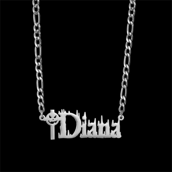 Picture of 1 Piece 304 Stainless Steel Halloween Customized Name Necklace Personalized Letter Charm Pendant Halloween Devil Silver Tone 45cm(17.7") long