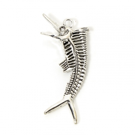 2 PCs Zinc Based Alloy Ocean Jewelry Pendants Antique Silver Color Fish Bone 3D 7cm x 3.4cm