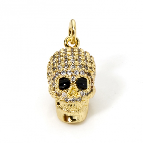 Picture of 1 Piece Brass Micro Pave Charmes 18K Gold Plated Skull 3D Clear Cubic Zirconia 22mm x 9.5mm