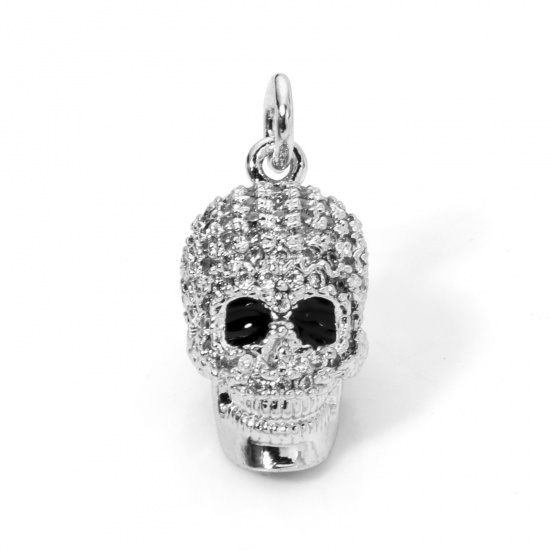 Picture of 1 Piece Brass Micro Pave Charmes Platinum Plated Skull 3D Clear Cubic Zirconia 22mm x 9.5mm