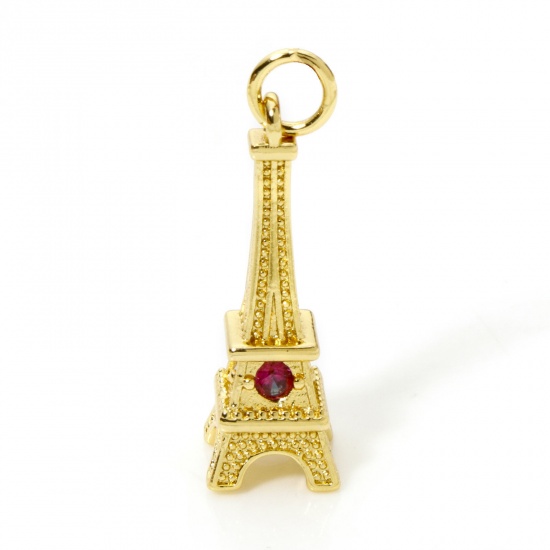 Immagine di 1 Pz Ottone Viaggio Ciondoli Torre Eiffel Placcato Oro 18K 3D Multicolore Cubic Zirconiae 26mm x 8mm