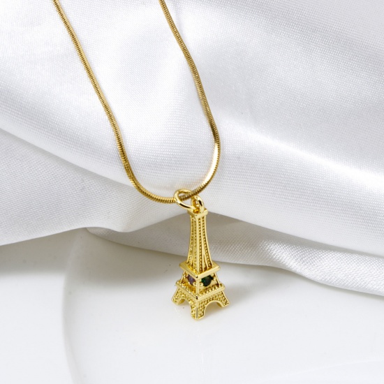 Immagine di 1 Pz Ottone Viaggio Ciondoli Torre Eiffel Placcato Oro 18K 3D Multicolore Cubic Zirconiae 26mm x 8mm