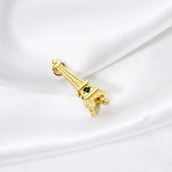 Immagine di 1 Pz Ottone Viaggio Ciondoli Torre Eiffel Placcato Oro 18K 3D Multicolore Cubic Zirconiae 26mm x 8mm