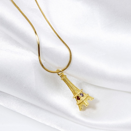 Immagine di 1 Pz Ottone Viaggio Ciondoli Torre Eiffel Placcato Oro 18K 3D Multicolore Cubic Zirconiae 26mm x 8mm