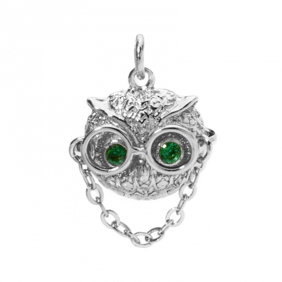 Immagine di 1 Pz Ottone Halloween Ciondoli Gufo Platino Placcato 3D Verde Cubic Zirconiae 18mm x 15.5mm