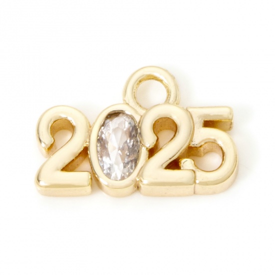 Image de 2 Pcs Breloques Année en Laiton Respectueux de la Nature Plaqué Or Véritable 18K Mots" 2025 " à Zircone Cubique Clair 14mm x 9mm