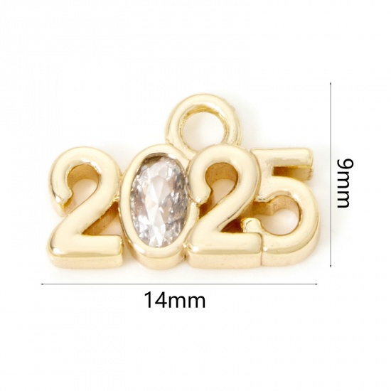 Image de 2 Pcs Breloques Année en Laiton Respectueux de la Nature Plaqué Or Véritable 18K Mots" 2025 " à Zircone Cubique Clair 14mm x 9mm
