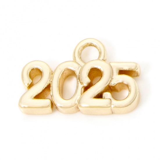 Image de 2 Pcs Breloques Année en Laiton Respectueux de la Nature Plaqué Or Véritable 18K Mots" 2025 " 14mm x 9mm