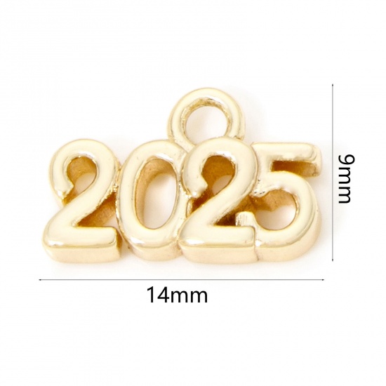 Image de 2 Pcs Breloques Année en Laiton Respectueux de la Nature Plaqué Or Véritable 18K Mots" 2025 " 14mm x 9mm