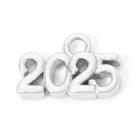 Image de 2 Pcs Breloques Année en Laiton Respectueux de la Nature Plaqué Platine Véritable Mots" 2025 " 14mm x 9mm