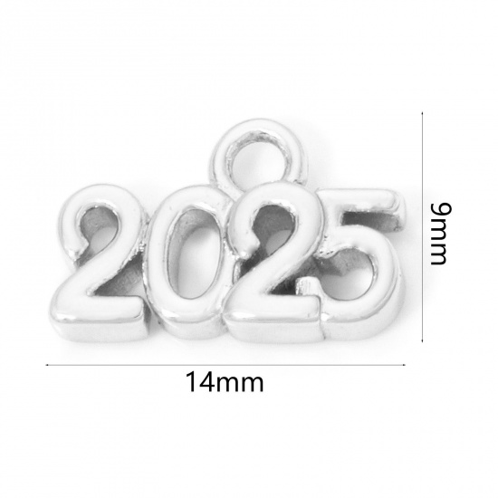 Image de 2 Pcs Breloques Année en Laiton Respectueux de la Nature Plaqué Platine Véritable Mots" 2025 " 14mm x 9mm