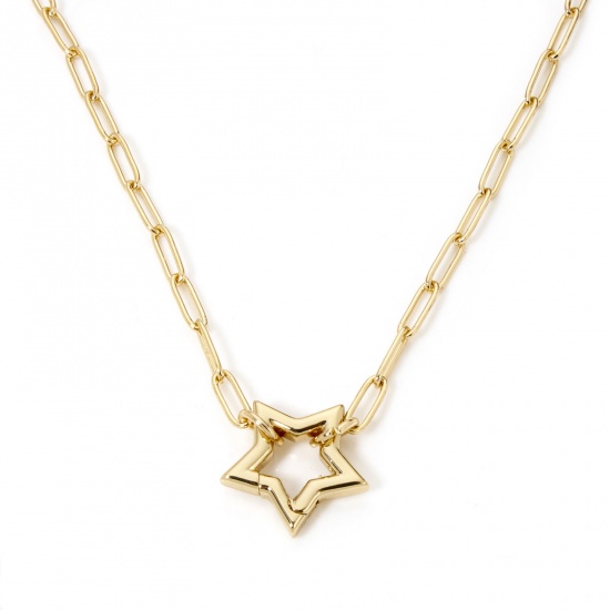 Picture of 1 Piece Brass Paperclip Chain Necklace Gold Plated Pentagram Star With Spring Ring Clasp 45.5cm(17 7/8") long, Chain Size: 3mm